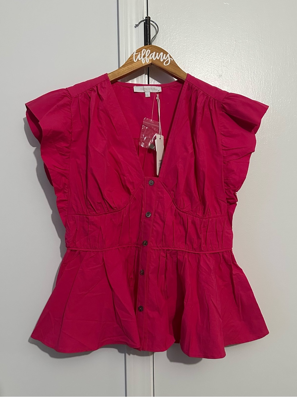 Olivaceous Fuchsia Button-Front Peplum Top